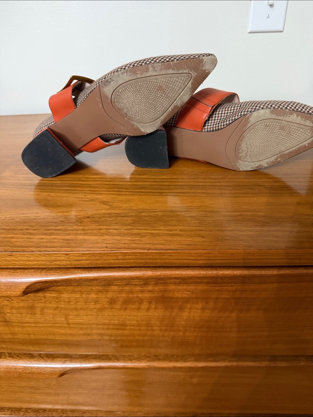 Pointed Houndstooth Mary Jane Flats with Orange Strap - Picture 3 of 3